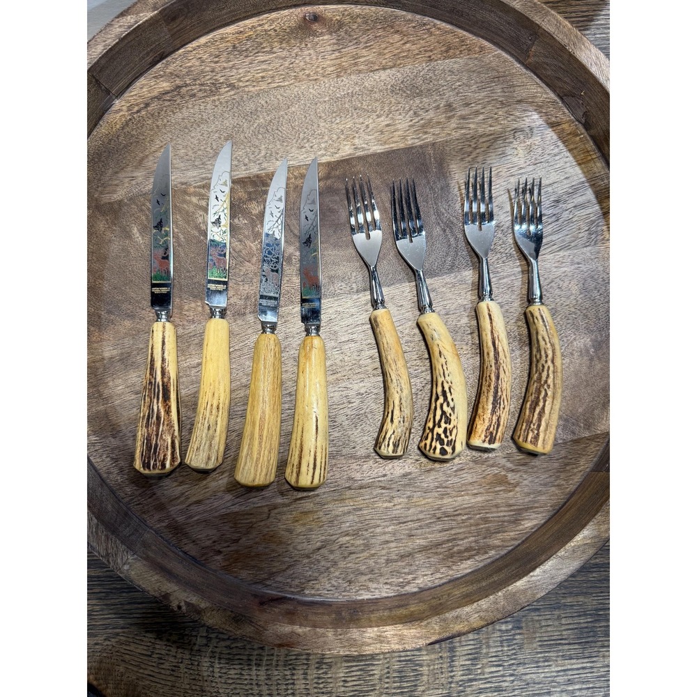 Vintage Anton Wingen Jr. Stag Horn Knife & Fork Set: German Etched Flatware 8 Pc